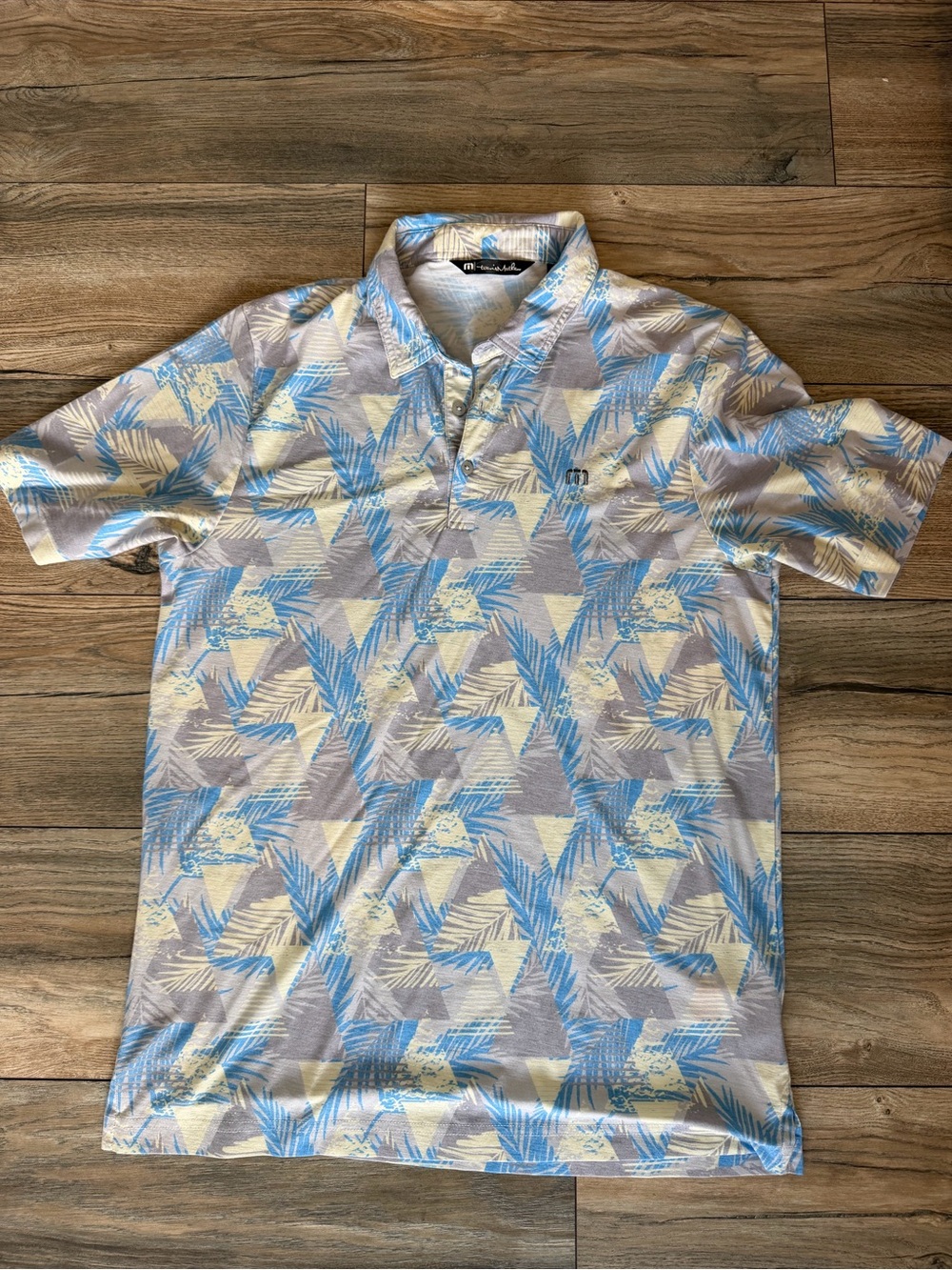 Travis Mathew Light Blue & Cream Tropical Geometric Polo